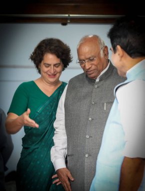 NEW DELHI INDIA NOVEMBER 23: Congress General Secretary Priyanka Gandhi Vadra meets party President Mallikarjun Kharge after her massive victory in the Wayanad Lok Saha by poll on November 23 2024 in New Delhi India Photo by Raj K Raj Hindustan Times clipart