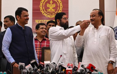 MUMBAI INDIA NOVEMBER 23: Maharashtra Chief Minister Eknath Shinde Deputy Chief Minister Devendra Fadnavis and Ajit Pawar celebrated their victory in the Maharashtra Assembly elections on November 23 2024 in Mumbai India The BJP led Mahayuti alliance clipart