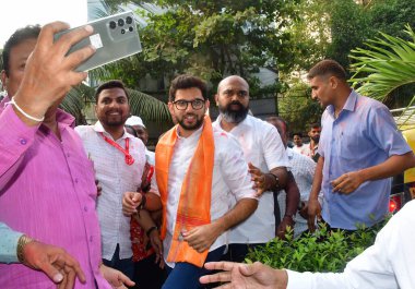 MUMBAI INDIA NOVEMBER 23: Shiv Sena UBT candidate from Worli Aditya Thackeray along with supporters celebrating victory in Maharashtra Assembly elections 2024 at Worli on November 23 2024 in Mumbai India Photo by Bhushan Koyande Hindustan Times  clipart