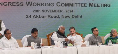 NEW DELHI INDIA NOVEMBER 29 2024 LoP in the Lok Sabha and Congress leader Rahul Gandhi with party President Mallikarjun Kharge and party leader K C Venugopal Ajay Maken during the Congress Working Committee CWC meeting at the AICC headquarters on Nov clipart