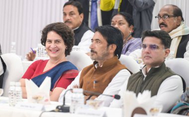 NEW DELHI INDIA NOVEMBER 29 2024 Congress Leaders Priyanka Gandhi Vadra Syed Ali Mir and Sachin Pilot during the Congress Working Committee CWC meeting at the AICC headquarters on November 29 2024 in New Delhi India Photo by Raj K Raj Hindustan Times clipart