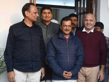 NEW DELHI INDIA NOVEMBER 29 2024 Former Chief Minister Arvind Kejriwal along with former Cabinet Minister Satyendar Jain Former deputy Chief Minister Manish Sisodia Minister of Health of Delhi Saurabh Bharadwaj during the three day session of Delhi L clipart