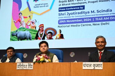 NEW DELHI INDIA NOVEMBER 29 2024 Union Minister for Development of North Eastern Region DoNER Jyotiraditya Scindia and Union Minister of State Sukanta Majumdar address a press conferance for the 1st edition of Ashtalakshmi Mahotsav  clipart