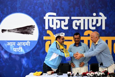 NEW DELHI INDIA - DECEMBER 2, 2024: Avadh Ojha joins AAP in presence of AAP leader Arvind Kejriwal and Manish Sisodia at AAP HQ on December 2 2024 in New Delhi India Photo by Salman Ali Hindustan Times clipart