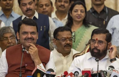 MUMBAI, INDIA, DECEMBER 4, 2024 Mahayuti Alliance under the leadership of Devendra Fadanvis addressing media after meeting with the ministry list to Governor of Maharashtra CP Radakrishnan in presence Shivsena leader Eknath Shinde  clipart