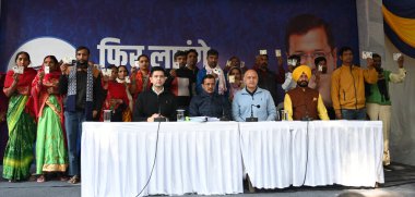 NEW DELHI, INDIA - DECEMBER 6: Aam Aadmi Party (AAP) National Convenor Arvind Kejriwal with Former Dy Chief Minister Manish Sisodia, AAP leaders Jitender Singh Shunty and Raghav Chadha during a press conference on voters list ahead of Delhi Assembly  clipart