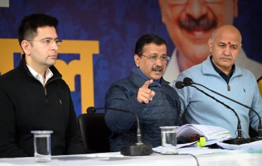 NEW DELHI, INDIA - DECEMBER 6: Aam Aadmi Party (AAP) National Convenor Arvind Kejriwal with Former Dy Chief Minister Manish Sisodia and AAP leader Raghav Chadha during a press conference on voters list ahead of Delhi Assembly Elections clipart