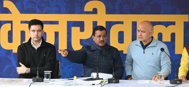 NEW DELHI, INDIA - DECEMBER 6: Aam Aadmi Party (AAP) National Convenor Arvind Kejriwal with Former Dy Chief Minister Manish Sisodia, AAP leaders Jitender Singh Shunty and Raghav Chadha during a press conference on voters list ahead of Delhi Assembly  clipart