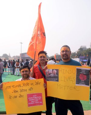 GHAZIABAD, INDIA - DECEMBER 8, 2024: An outrage meeting was organised at Ghaziabad's Kavi Nagar Ramlila Ground against the atrocities on minorities and especially Hindus in Bangladesh, on December 8, 2024 in Ghaziabad, India. clipart