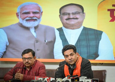 NEW DELHI INDIA DECEMBER 10 2024 Kapil Mishra BJP Leader addresses a press conference at Delhi BJP Headquarters Pant Marg on December 10 2024 in New Delhi India BJP leader released a video accusing AAP government in Delhi is giving free electricity a clipart