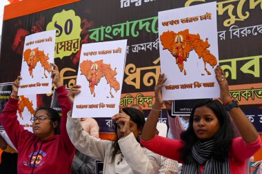 KOLKATA INDIA DECEMBER 10 2024 Members of Bangali Hindu Suraksha Samiti take out a protest rally over arrest of ISKCON monk and Bangladeshi Hindu leader Chinmoy Krishna Das in Bangladesh and demand his immediate release and safety and securities of B clipart