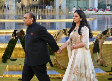 MUMBAI INDIA MARCH 31 2023 Mukesh Ambani with daughter Isha Ambani during the inauguration of the Nita Mukesh Ambani Cultural Centre NMACC at Bandra Kurla Complex BKC Bandra East on March 31 2023 in Mumbai India Nita Ambani's dream project clipart