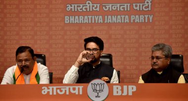 NEW DELHI INDIA APRIL 1 2023 JD S MLA AT Ramaswamy Joins BJP in presence of Union minister Anurag Thakur BJP leader Dushyant Kumar Gautam and other Leaders at BJP headquarter on April 1 2023 in New Delhi India Senior MLA from Arkalgud constituency AT clipart