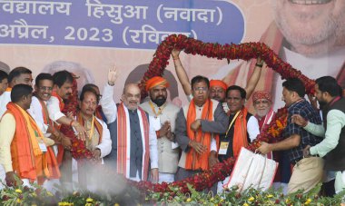 NAWADA INDIA APRIL 2 2023 Union Home Minister Amit Shah being garland by party leaders during Samrat Ashok jayanti function on April 2 2023 in Nawada India The Bharatiya Janata Party BJP has deferred the proposed visit of Union home minister Amit Sha clipart