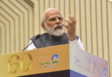 NEW DELHI INDIA APRIL 3 Nisan 2023 Başbakan Narendra Modi, 3 Nisan 2023 tarihinde Vigyan Bhawan 'da Merkez Soruşturma Bürosu CBI kutlamalarının açılışına seslendi.