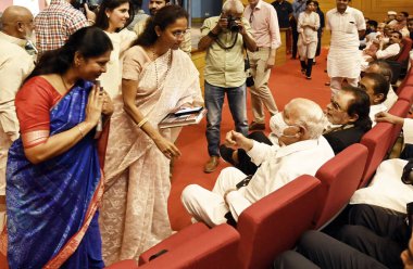 NEW DELHI INDIA APRIL 5 2023 Farooq Abhullah with Supriya Sule and Kanimouji during the book release function of Ghulam Nabi Azad`s book `Azaad` at Nehru Museum on April 5 2023 in New Delhi India Photo by Sanjeev Verma Hindustan Times clipart