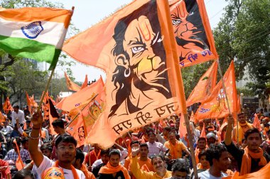 NOIDA INDIA APRIL 9 2023 Devotees from different Hindu organizations take out a procession after Hanuman Jayanti at Sector 2 on April 9 2023 in Noida India Photo by Sunil Ghosh Hindustan Times clipart