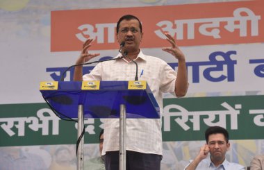 NEW DELHI INDIA 11 Nisan 2023 Delhi Başbakanı Arvind Kejriwal ve parti liderleri AAP Genel Merkezi 206 Rouse Bulvarı DDU Marg 'da 11 Nisan 2023 tarihinde S.