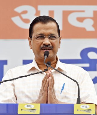 NEW DELHI, INDIA: 11 Nisan 2023 - Delhi Genel Sekreteri ve Aam Aadmi Partisi AAP kongre üyesi Arvind Kejriwal, Hindistan Seçim Komisyonu 'nun 11 Nisan 2023 tarihinde Yeni Delhi Hindistan' da verdiği partinin ulusal statüsünü kutlayan bir etkinliğe sesleniyor..