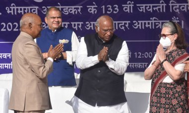 NEW DELHI INDIA APRIL 14 2023 Congress Party President and Leader of the Opposition in Rajya Sabha Mallikarjun Kharge along with Ex President Ram Nath kovid and Congress Leader Sonia Gandhi during the celebration of 132nd Birth anniversary of Dr B R  clipart