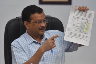 NEW DELHI INDIA APRIL 14 Nisan 2023 Arvind Kejriwal Delhi başbakanı 14 Nisan 2023 tarihinde Yeni Delhi 'de CBI' dan Sivil Hatlar 'da bir çağrı gelmeden önce bir basın toplantısı düzenledi. 