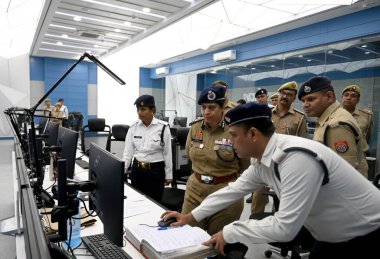 NOIDA INDIA APRIL 15 2023 ADG Traffic Anupam Kulshreshtha and other Traffic police officers were seen inspecting the Intelligent Traffic Management System ITMS at sector 94 on April 15 2023 in Noida India Photo by Sunil Ghosh Hindustan Times clipart