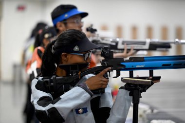 NOIDA INDIA APRIL 15 2023 Participants seen at the Shooting competition at Noida stadium sector 21A Noida authority organizes shooting competitions for men and women on the occasion of 48th Noida foundation day on April 15 2023 in Noida India Photo b clipart