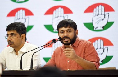 NEW DELHI INDIA APRIL 17 2023 Congress leader Kanhaiya Kumar addresses a press conference at AICC Headquarters on April 17 2023 in New Delhi India Photo by Sanjeev Verma Hindustan Times clipart