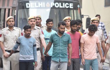 NEW DELHI INDIA APRIL 19 2023 Delhi Cyber Crime Police North District bust cyber call center syndicate operating from Jamtara with the arrest of six crooks more than 20 000 sim cards recovered at PHQ on April 19 2023 in New Delhi India 34 smartphones clipart