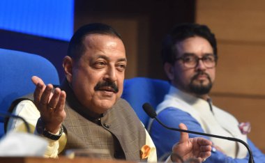 NEW DELHI INDIA APRIL 19 2023 Union Minister of State for Science and Technology and Earth Sciences I C Jitendra Singh and Union Minister for Information and Broadcasting Anurag Thakur addressing media after a cabinet meeting at National Media Centre clipart