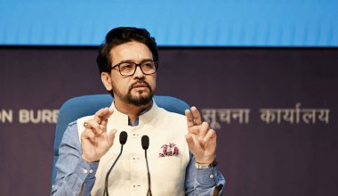 NEW DELHI INDIA APRIL 19 2023 Union Minister for Information and Broadcasting Anurag Thakur addressing media after a cabinet meeting at National Media Centre on April 19 2023 in New Delhi India The Centre has approved the National Quantum Mission to  clipart