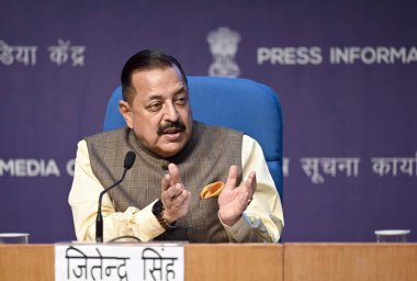 NEW DELHI INDIA APRIL 19 2023 Union Minister of State for Science and Technology and Earth Sciences I C Jitendra Singh addressing media after a cabinet meeting at National Media Centre on April 19 2023 in New Delhi India The Centre has approved the N clipart