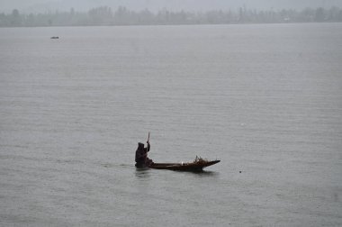 SRINAGAR INDIA 19 Nisan 2023 Bir kayıkçı 19 Nisan 2023 'te Srinagar Hindistan' da Dal Gölü 'nün sularında kürek çeker. 