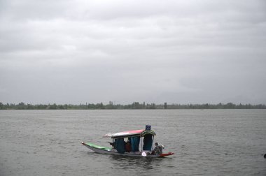 SRINAGAR INDIA 19 Nisan 2023 Bir kayıkçı 19 Nisan 2023 'te Srinagar Hindistan' da Dal Gölü 'nün sularında kürek çeker. 