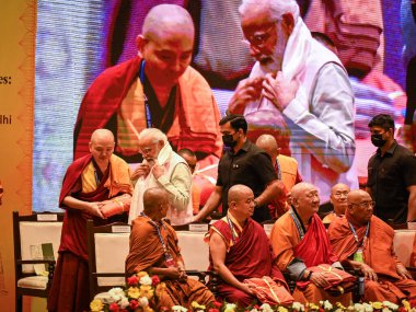 NEW DELHI INDIA APRIL 20 2023 Prime Minister Narendra Modi during the inauguration of First Global Buddhist Summit on April 20 2023 in New Delhi India The two day summit jointly hosted by the culture ministry  clipart