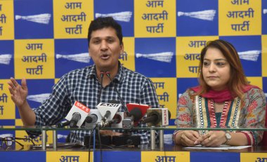 NEW DELHI, INDIA: APRIL 22, 2023 - Senior AAP leader and Delhi Cabinet Minister Saurabh Bhardwaj along with MCD Mayor Dr Shelly Oberoi addressing a press conference at AAP HQ Rouse Avenue on April 22 2023 in New Delhi India. clipart