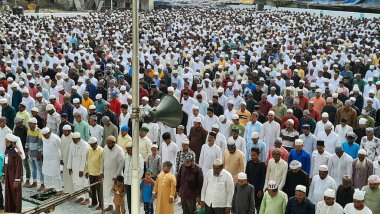 MUMBAI INDIA APRIL 22 2023 Muslim community offered Namaz at Masjid in Thane on April 22 2023 in Mumbai India Muslims around the world are getting into the festive Eid spirit as the holy month of Ramadan concludes The festival is marked by feasting p clipart