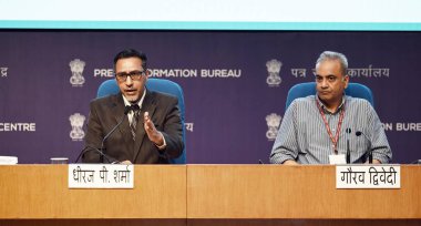 NEW DELHI INDIA APRIL 24 2023 Prasar Bharati CEO Gaurav Dwivedi with Director IIM Rohtak Dheeraj Sharma during the press conference on the Listenership Survey of Mann Ki Baat at National Media Center on April 24 2023 in New Delhi India Photo by Sanje clipart