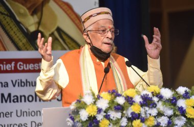 NEW DELHI, INDIA: APRIL 27, 2023 Veteran BJP leader Murli Manohar Joshi addressing the 4th Raja Ram memorial lecture at Ambedkar International Centre on April 27 2023 in New Delhi India (Photo by Sonu Mehta Hindustan Times) clipart