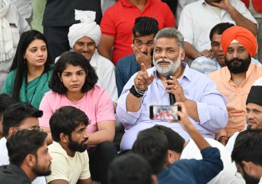 NEW DELHI INDIA APRIL 27 2023 Rajesh Ranjan better known as Pappu Yadav of Jan Adhikar Party came to support protesting wrestlers at Jantar Mantar on April 27 2023 in New Delhi India Photo by Vipin Kumar Hindustan Times clipart