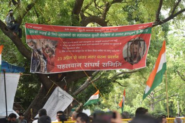 YENİ DELHI INDIA 28 NİSAN 2023 Bir adam Jantar Ma 'da güreş federasyonu Jantar Ma' ya karşı protesto sırasında BJP milletvekili ve WFI Başkanı Brij Bhushan Saran 'a karşı büyük bir poster astı