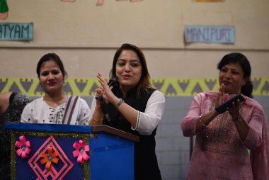 NEW DELHI INDIA APRIL 30 2023 MCD Mayor Shelly Oberoi interacts with parents and students for MEGA PTM at MCD School at R Block Rajinder Nagar on April 30 2023 in New Delhi India The event aimed at encouraging parents from both kinds of schools to pa clipart