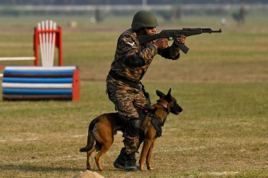 KOLKATA, INDIA - 14 Aralık 2024 'te Hindistan' ın Kolkata kentinde 53. Vijay Diwas 'ı anmak için yapılan yıllık askeri dövmenin provası sırasında köpek gösterisi. 