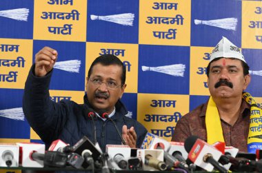 NEW DELHI, INDIA: APRIL 11, 2023 - Delhi Chief Minister and Aam Aadmi Party AAP convenor Arvind Kejriwal addresses an event celebrating the national status of the party granted by Election Commission of India on April 11 2023 in New Delhi India. clipart