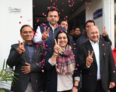 NEW DELHI INDIA DECEMBER 17 2024 DDCA President Rohan Jaitely and vice President Shikha Kumar Joint Secretary Amit Grover and Apex Council of the Delhi District Cricket Association DDCA members after winning DDCA election during the press conference  clipart