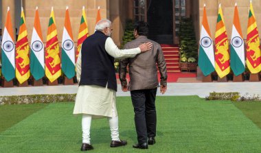 NEW DELHI INDIA DECEMBER 16 2024 Anura Kumara Dissanayake Sri Lankan President shakes hands with Prime Minister Narendra Modi at Hyderabad House on December 16 2024 in New Delhi India Issuing a joint press statement Prime Minister Narendra Modi said  clipart