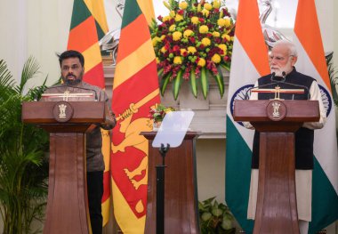 NEW DELHI INDIA DECEMBER 16 2024 Anura Kumara Dissanayake Sri Lankan President with Prime Minister Narendra Modi during the joint press Statement at Hyderabad House on December 16 2024 in New Delhi India Issuing a joint press statement Prime Minister clipart