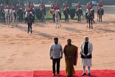 NEW DELHI INDIA DECEMBER 16 2024 Indian President Droupadi Murmu Prime Minister Narendra Modi with Sri Lanka President Anura Kumara Dissanayake during ceremonial reception at the Presidential Palace Rashtrapati Bhawan on December 16 2024 in New Delhi clipart