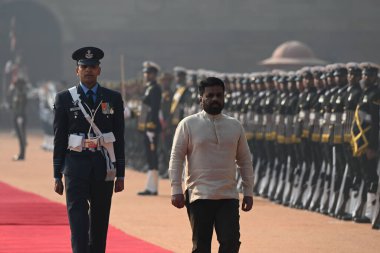 NEW DELHI INDIA DECEMBER 16 2024 Sri Lanka President Anura Kumara Dissanayake inspect a guard of honour during ceremonial reception at the Presidential Palace Rashtrapati Bhawan on December 16 2024 in New Delhi India Issuing a joint press statement P clipart