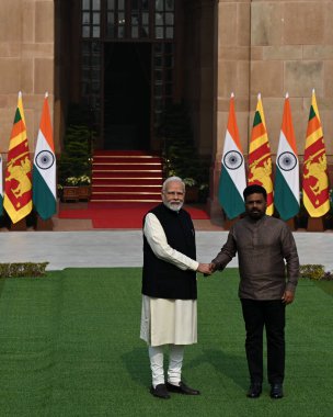 NEW DELHI INDIA DECEMBER 16 2024 Prime Minister Narendra Modi and Sri Lanka President Anura Kumara Dissanayake before their meeting at Hyderabad House on December 16 2024 in New Delhi India Issuing a joint press statement Prime Minister Narendra Modi clipart